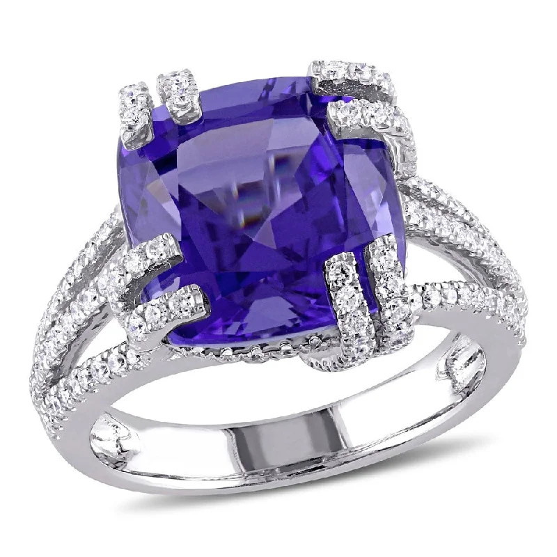 vintage engagement rings -Miadora 14k White Gold Cushion-Cut Tanzanite and 3/4ct TDW Diamond Crossover Ring - Blue