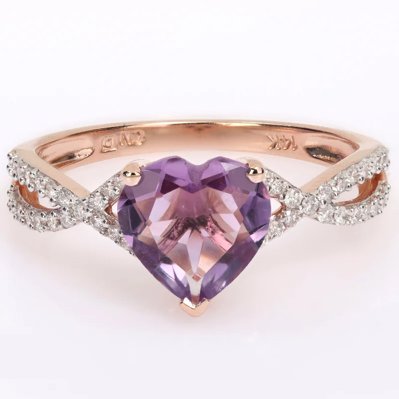 wedding rings with gemstones -Miadora Heart-Cut Amethyst and 1/5ct TDW Diamond Crossover Ring in 14k Rose Gold