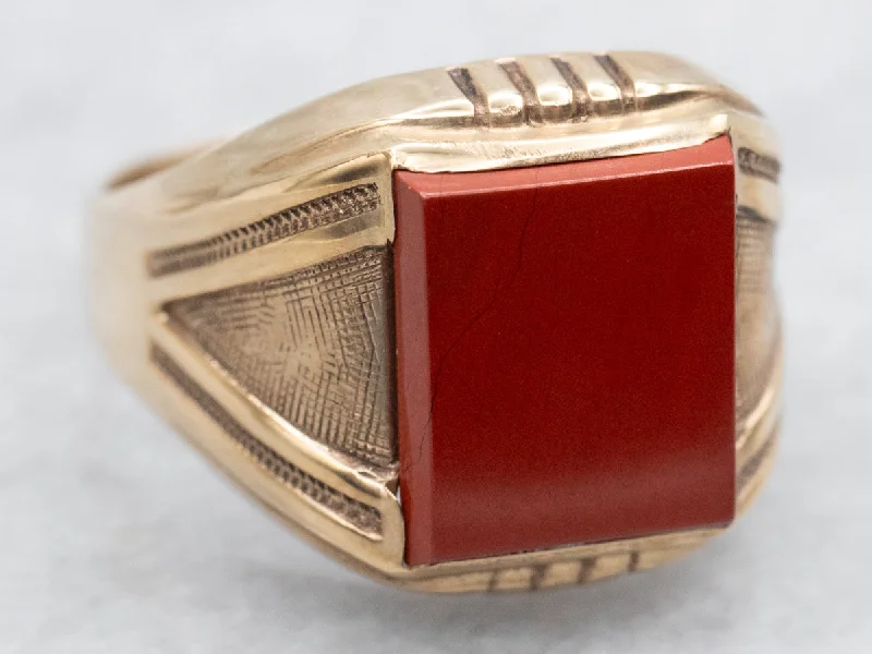 personalized wedding rings -Men's Red Jasper and Vintage Gold Ring