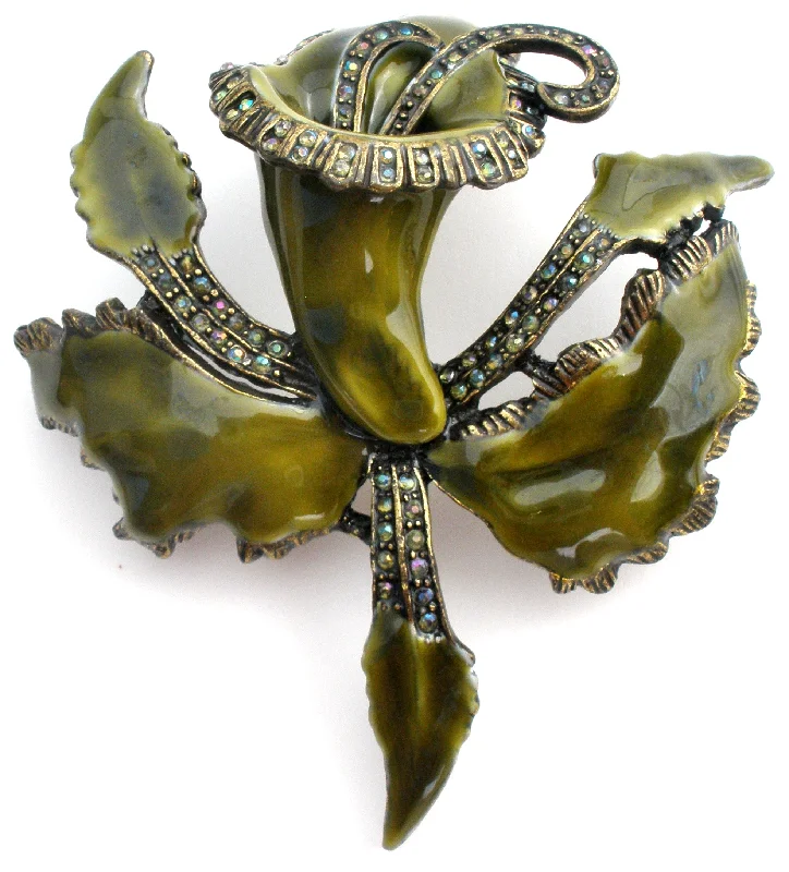 Green Enamel & Rhinestone Orchid Brooch Laila Rowe