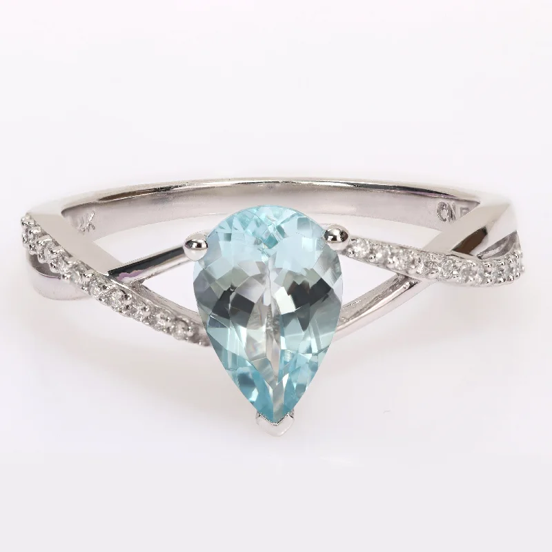 fashion gemstone rings for women -Miadora Pear-Cut Aquamarine & 1/10ct TDW Diamond Crossover Teardrop Cocktail Ring in 14k White Gold