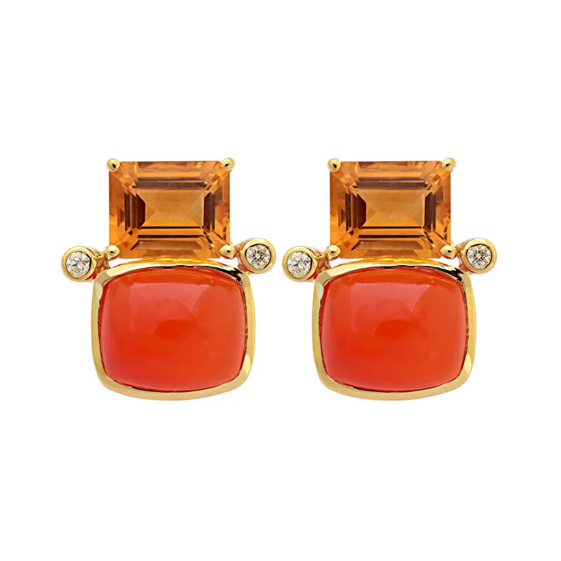 pearl stud earrings -Earrings-Citrine, Cornelian and Diamond