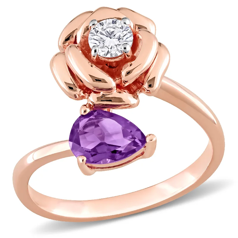 wedding set rings for women -Miadora 1ct TGW Pear African Amethyst and White Topaz 2-Stone Rose Ring in Rose Silver