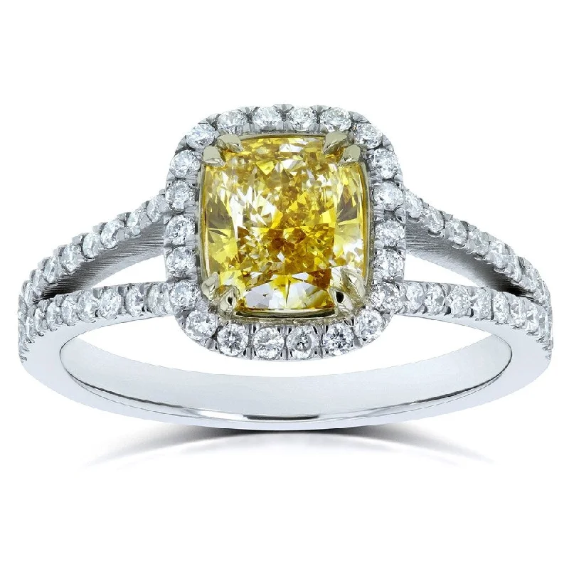 engagement rings with diamonds -Annello by Kobelli 18k Two Tone Gold 1 3/5ct TDW GIA Certified Fancy Vivid Yellow Cushion Diamond Halo Split Shank Ring