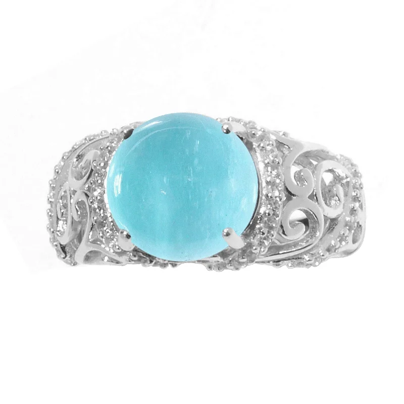 double band rings for women -Sterling Silver with Cabochon Aquamarine, White Zircon Scrollwork Ring