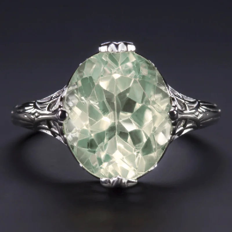 stackable rings for women -VINTAGE STYLE PRASIOLITE 14K WHITE GOLD RING FILIGREE OVAL SHAPE GREEN AMETHYST