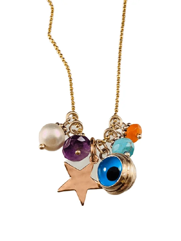 trendy long necklaces for women -16” Yellow Gold Evil Eye Star and Gemstone Charm Necklace