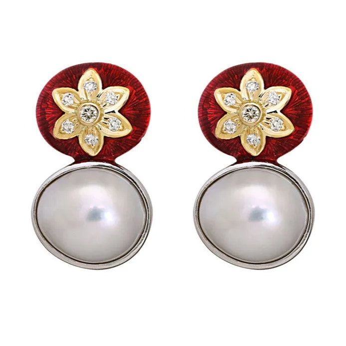 personalized earrings for women -Earrings-South Sea Pearl and Diamond (Enamel)