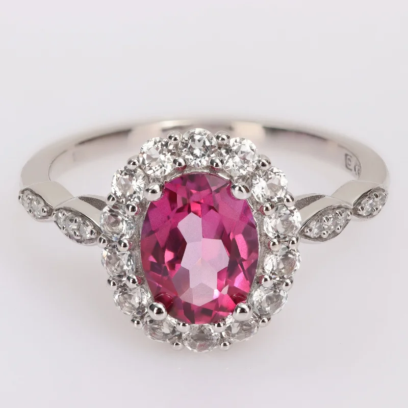 simple wedding rings for women -Miadora Oval-cut Pink and White Topaz with Diamond Accent Halo Cocktail Ring in 10k White Gold