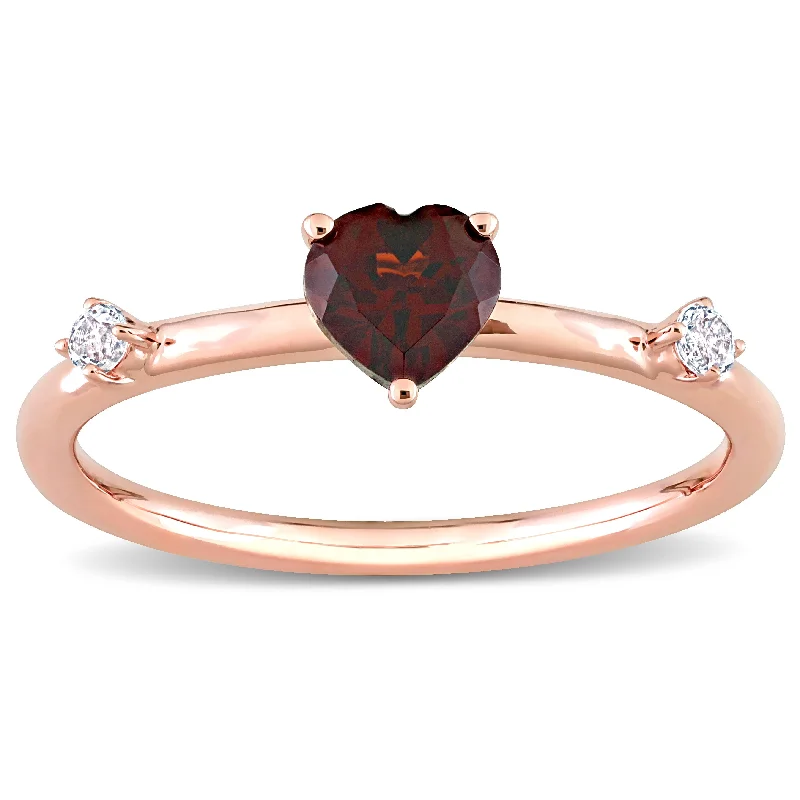 statement wedding rings for women -Miadora 10k Rose Gold Garnet and White Topaz 3-Stone Stackable Heart Ring