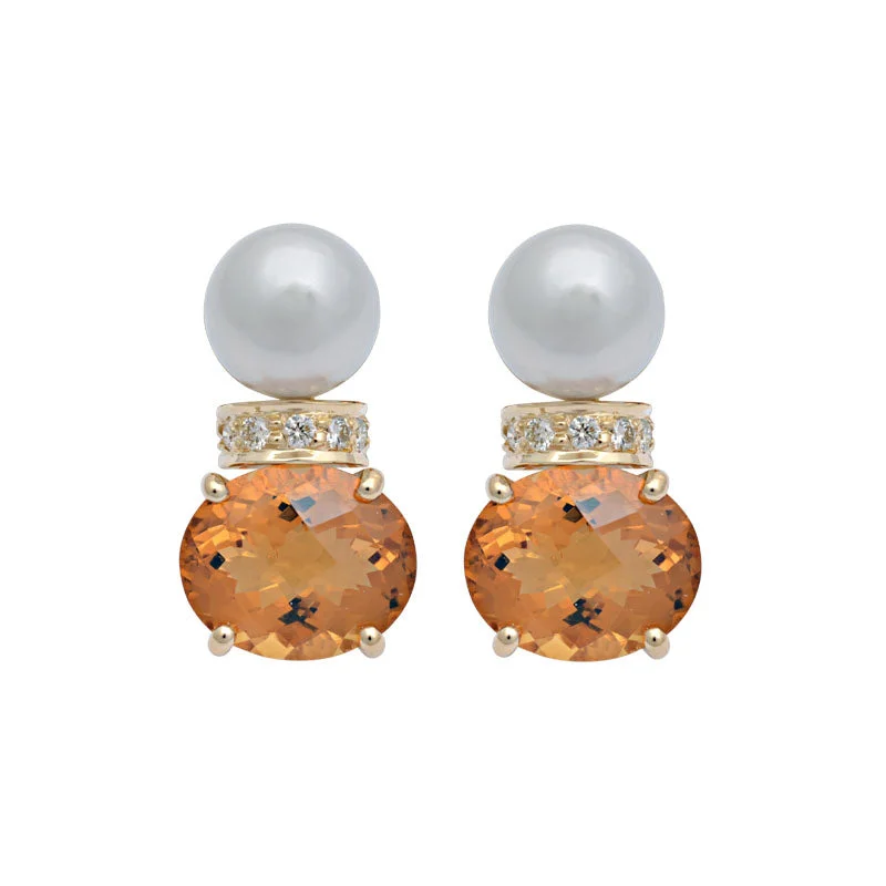 women's silver earrings -Earrings-Citrine, South Sea Pearl and Diamond