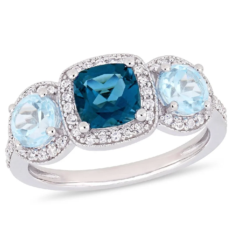 gemstone rings for women -Miadora Sterling Silver London and Sky-Blue Topaz with 1/3ct TDW Diamond 3-Stone Ring