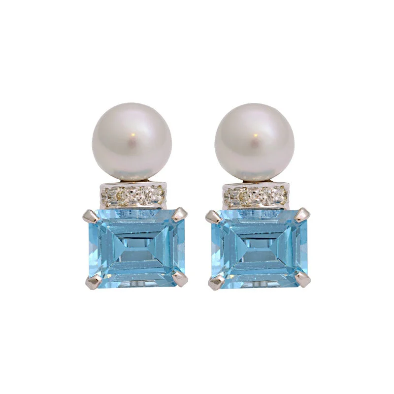 birthstone earrings for women -Earrings-Blue Topaz, South Sea Pearl and Diamond