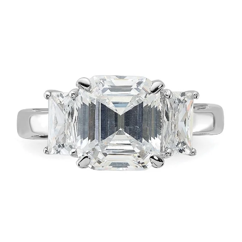 statement rings for women -Curata 925 Sterling Silver Rhodium Plated Emerald cut CZ Cubic Zirconia 3 stone Ring