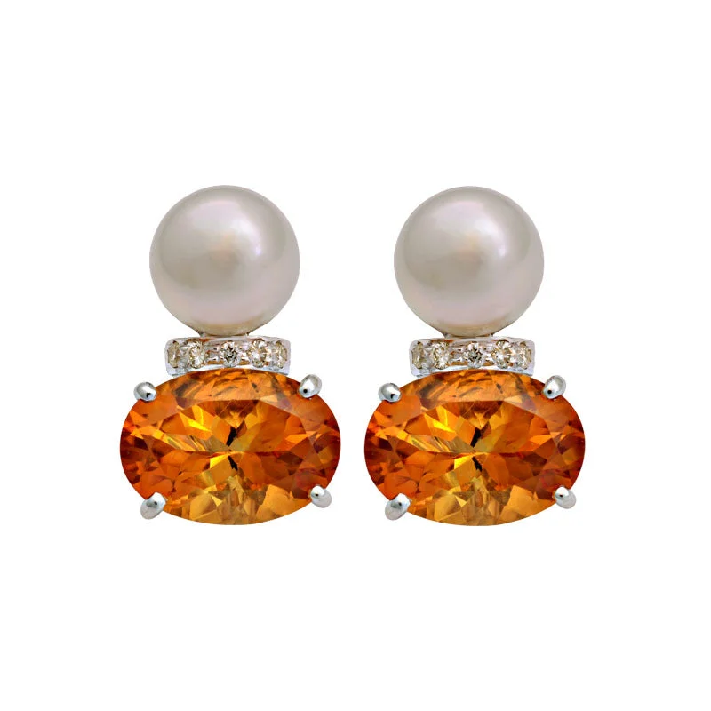 floral earrings for women -Earrings-Citrine, South Sea Pearl and Diamond