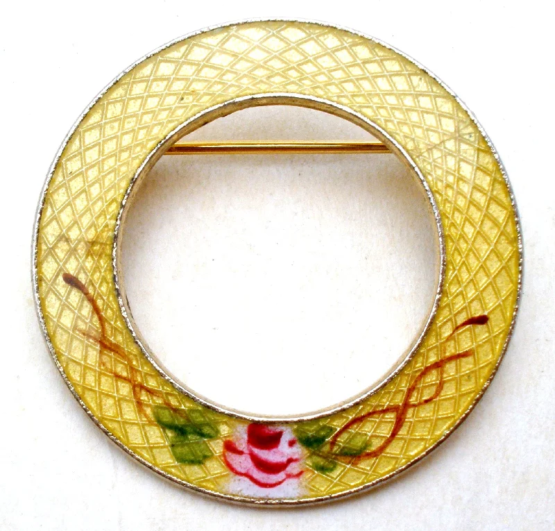 Yellow Guilloche Enamel Round Pin Brooch Vintage