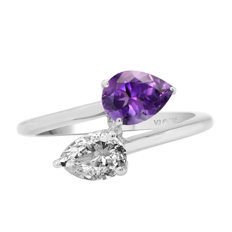 custom wedding rings -Sterling Silver with Natural Amethyst and White Topaz Bypass Ring