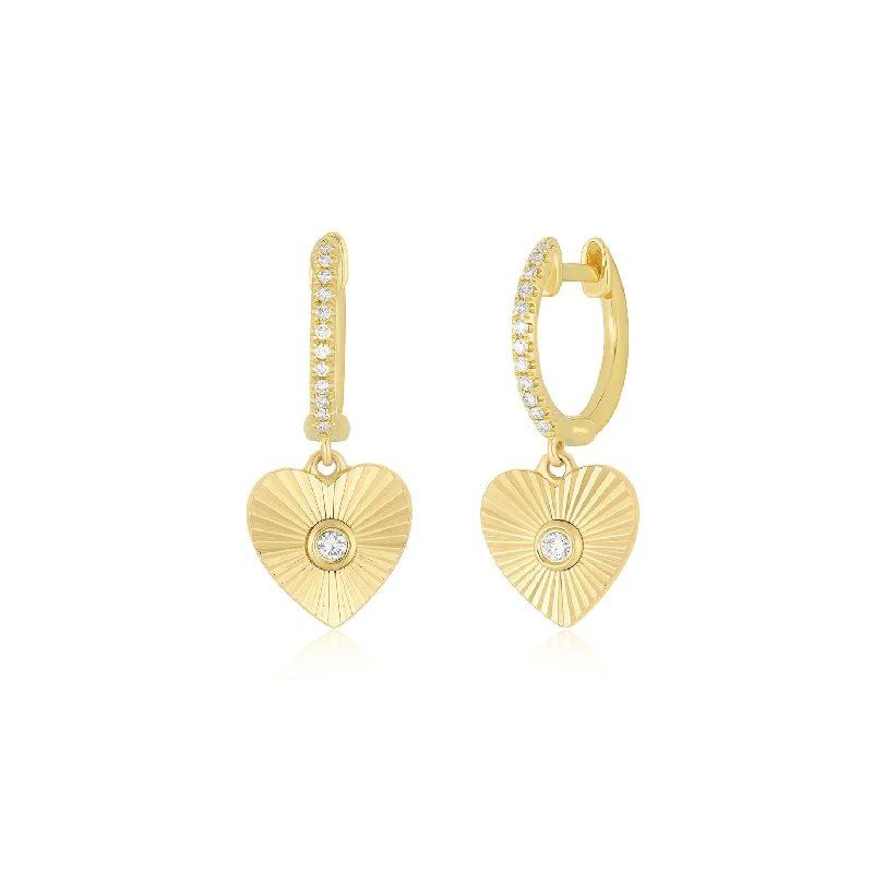 cute earrings for women -Gold & Diamond Fluted Heart Drop Huggie Earrings