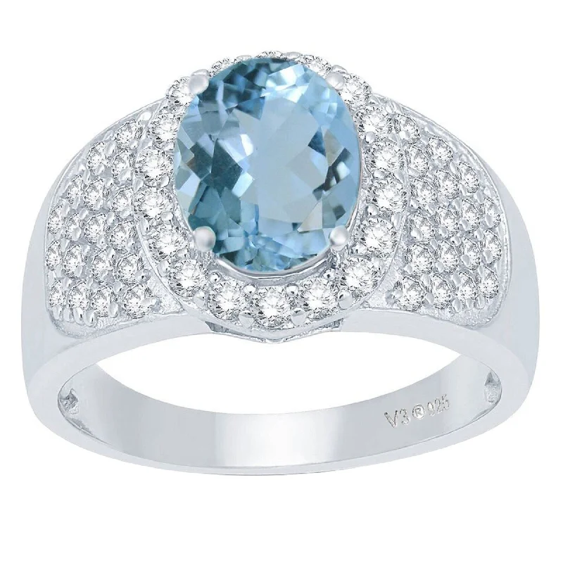 fashion wedding rings -Sterling Silver with Natural Aquamarine and White Topaz Halo Ring