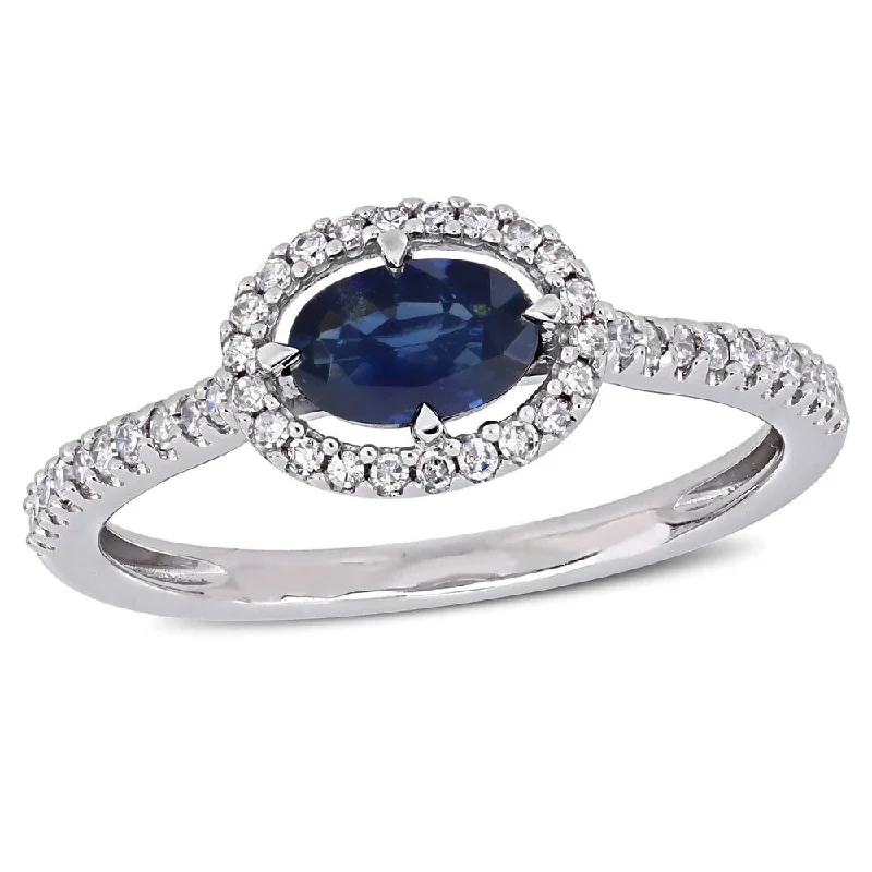 fashion wedding rings -Miadora 14k White Gold Sapphire and 1/5ct TDW Diamond Floating Oval Halo Ring