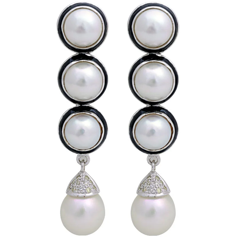 sterling silver earrings for women -Earrings-South Sea Pearl and Diamond (Enamel)