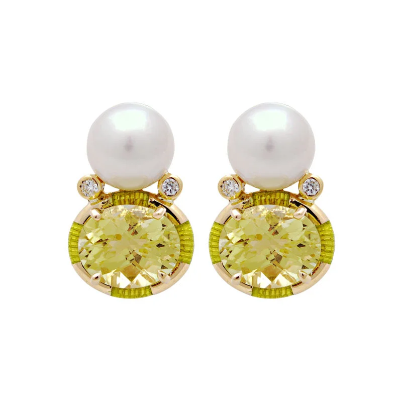 statement earrings for women -Earrings-Lemon Quartz, South Sea Pearl and Diamond (Enamel)