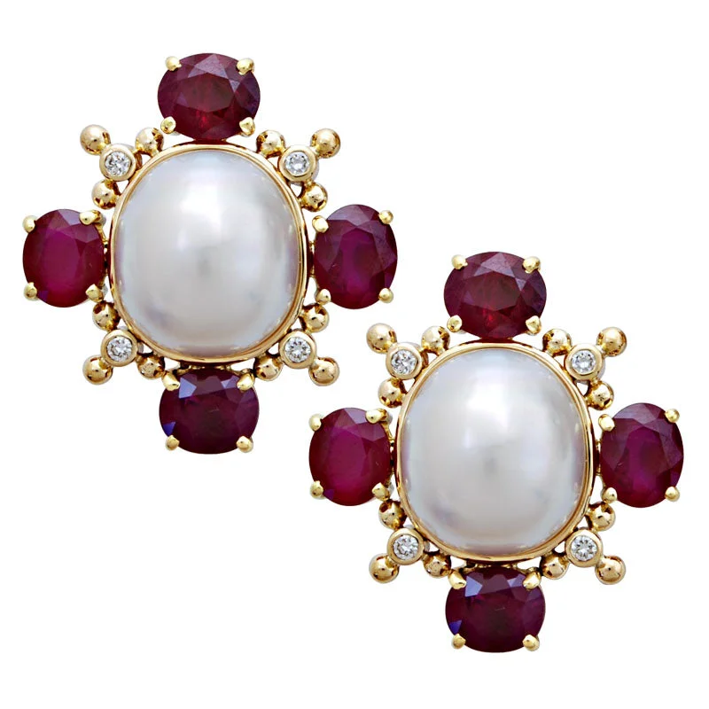 romantic pearl earrings for women -Earrings-Ruby, Pearl and Diamond