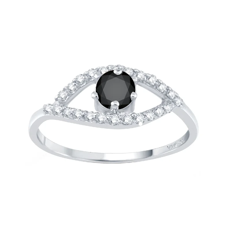 colored gemstone engagement rings -Sterling Silver Natural Black Diamond and White Zircon Evil Eye Ring