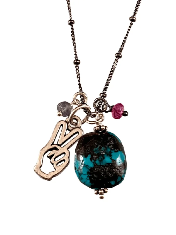 unique necklaces for women -18" Turquoise Drop with Peace Hand and Pink Tourmaline & Iolite Gem Charm Necklace