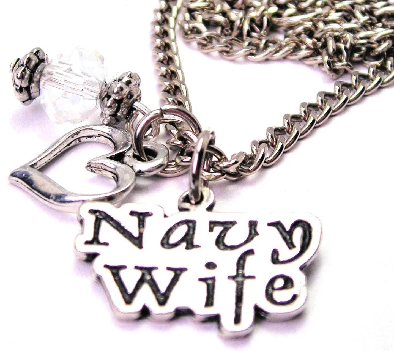 personalized initial necklaces -Navy Wife Stylized Necklace with Small Heart