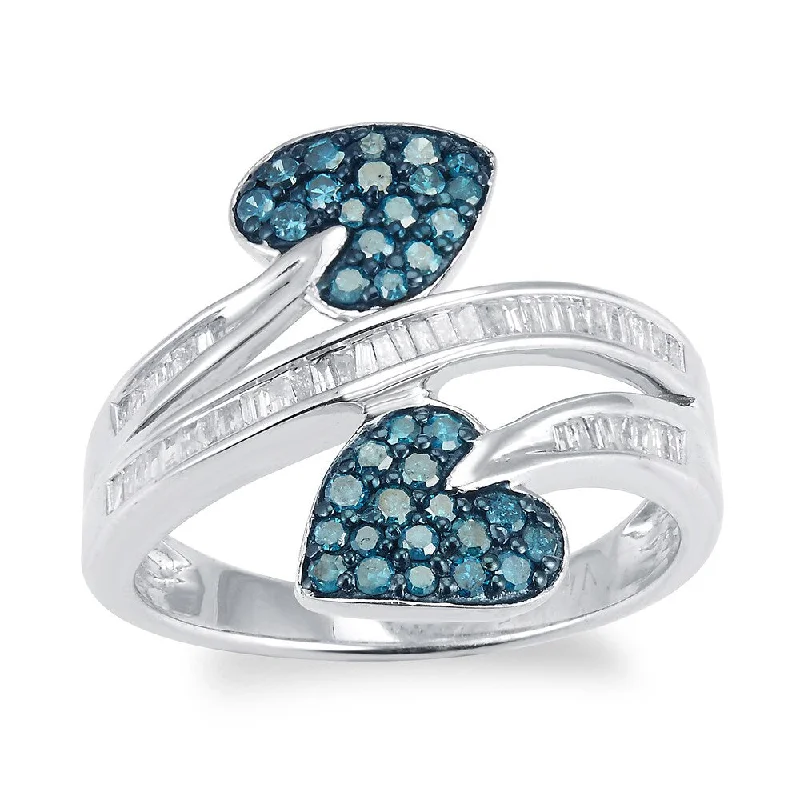 sapphire engagement rings -Sterling Silver 3/4ct TDW Blue and White Diamond Double Heart Ring