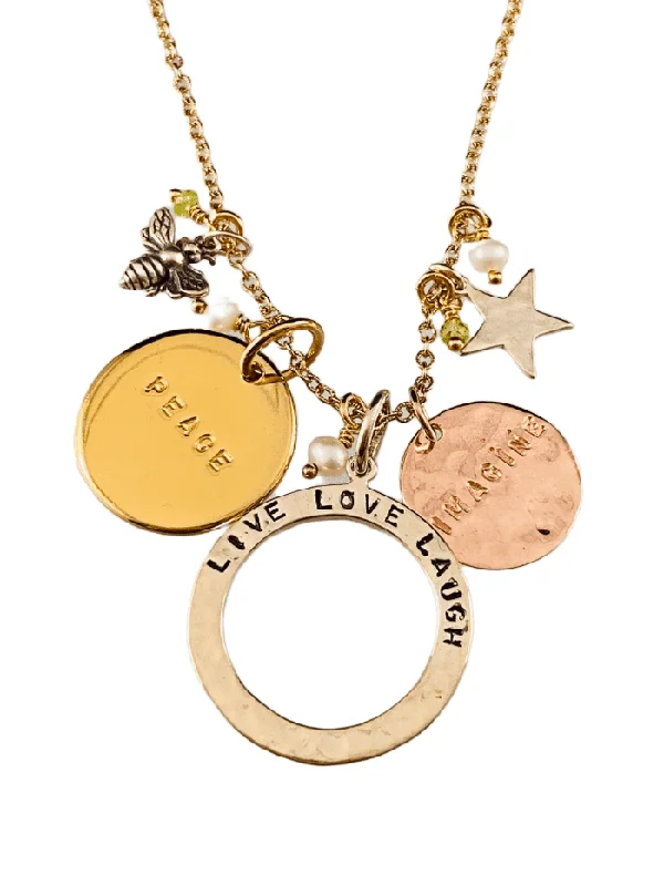 anniversary necklaces for women -16” Gold & Sterling Silver Live Love Laugh Multi Charm Necklace