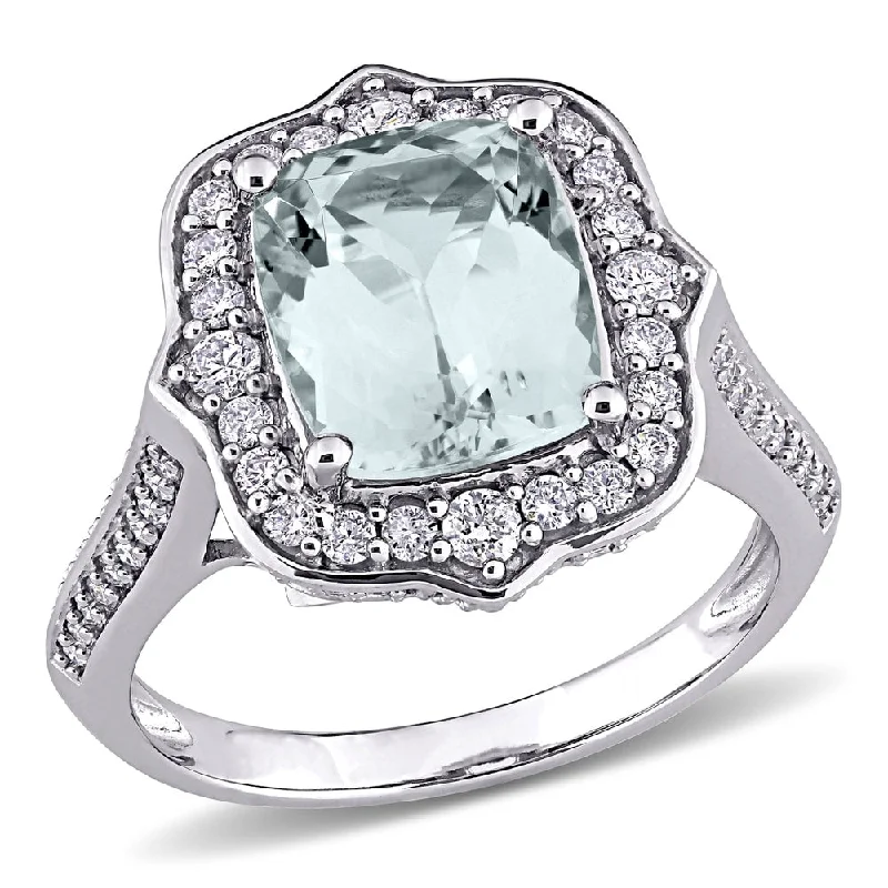 gold rings for women -Miadora 14k White Gold Cushion-cut Aquamarine & 5/8ct TDW Diamond Halo Cocktail Ring