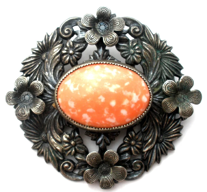 Mottled Coral Rhinestone Flower Brooch Vintage