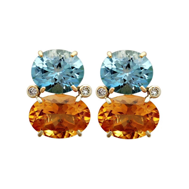 chic gold earrings for women -Earrings-Blue Topaz, Citrine and Diamond