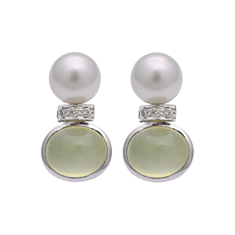 colored gemstone earrings for women -Earrings-Prehnite, South Sea Pearl and Diamond