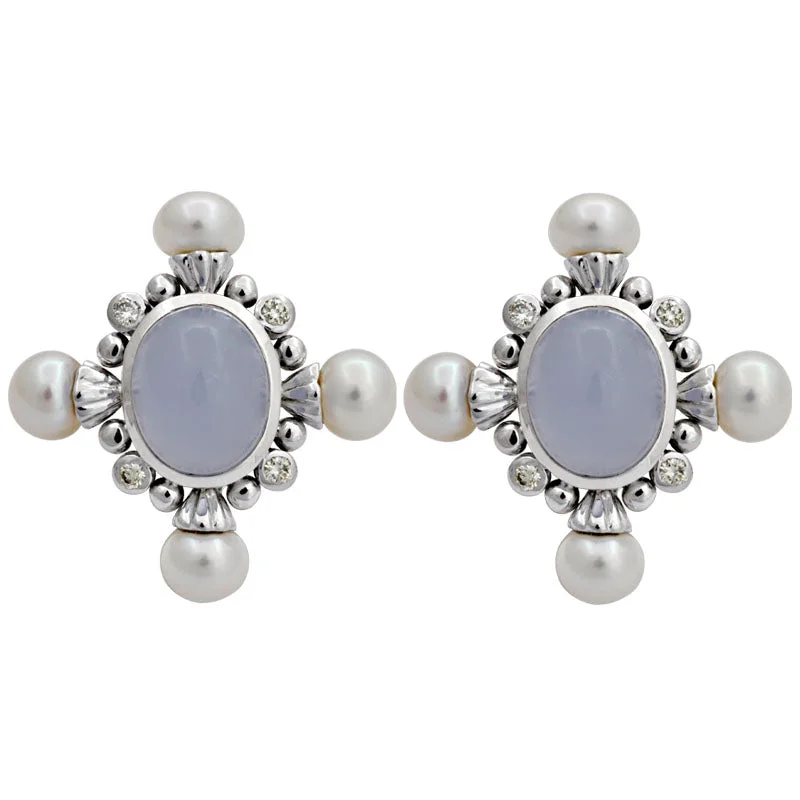 silver hoop earrings for women -Earrings-Chalcedony, Fresh Water Pearl and Diamond