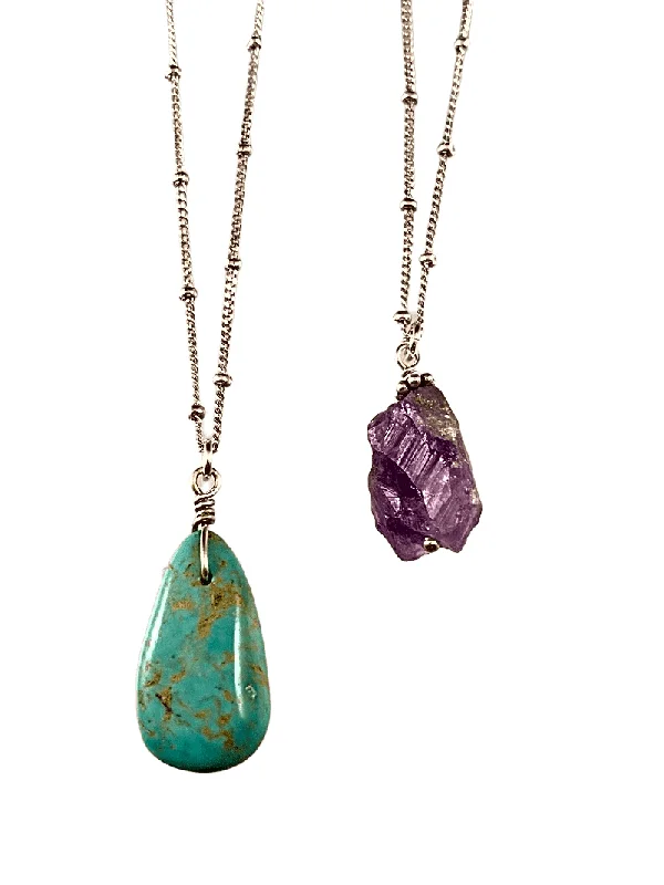 trendy pendant necklaces for women -16" Turquoise Teardrop & Amethyst Nugget on Sterling Silver Bead Chain Necklace