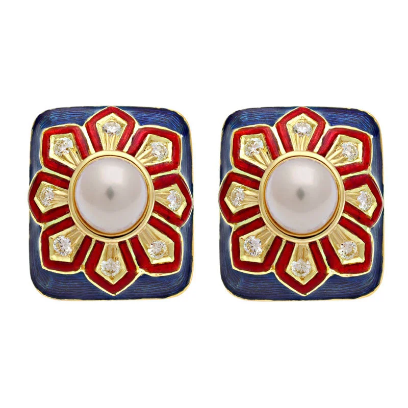 vintage earrings for women -Earrings-South Sea Pearl and Diamond (Enamel)