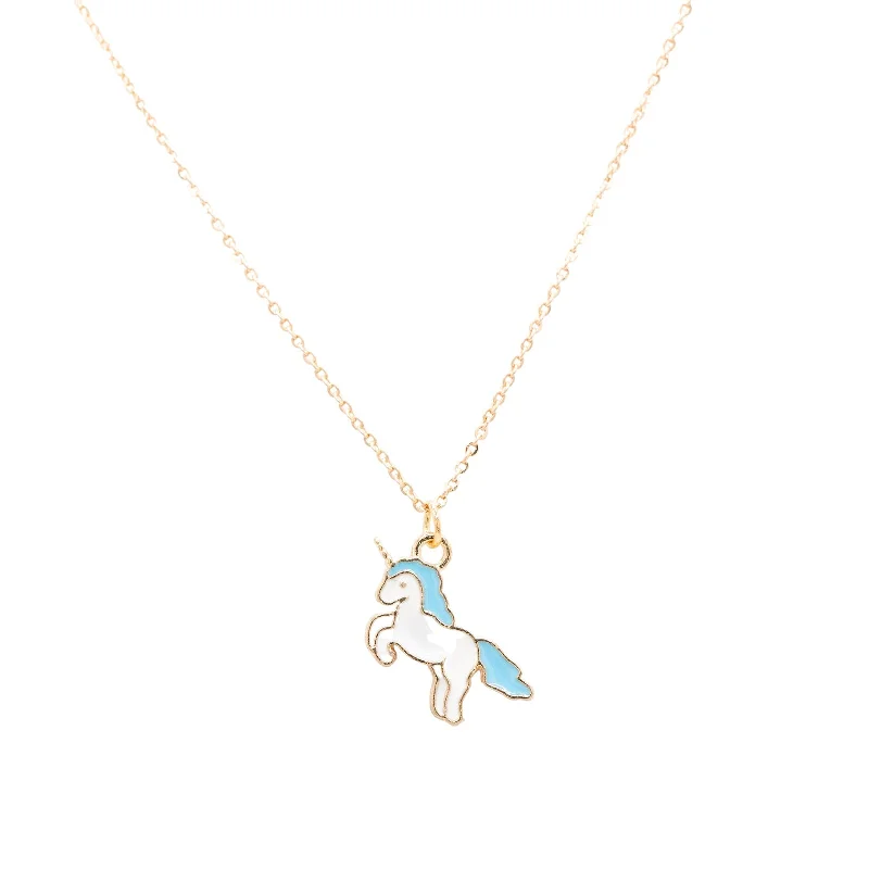 zodiac necklaces for women -Blue Hair Unicorn Enamel Charm Children's Necklace