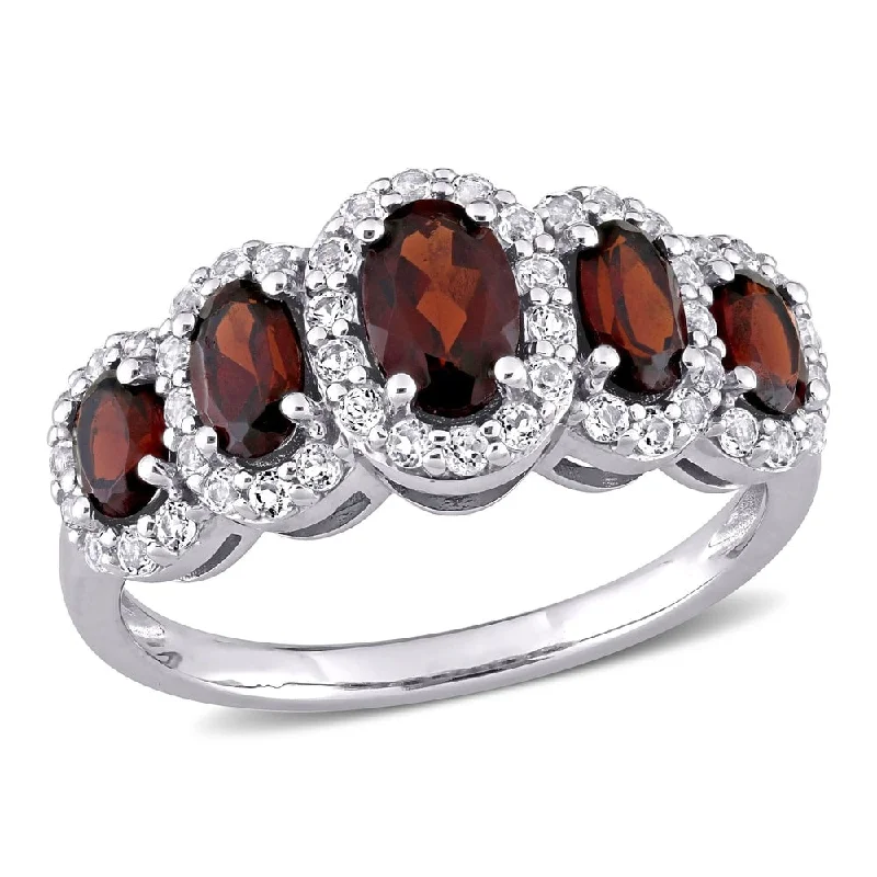 wedding bands with diamonds -Miadora 10k White Gold Oval-cut Garnet and White Topaz 5-Stone Halo Ring