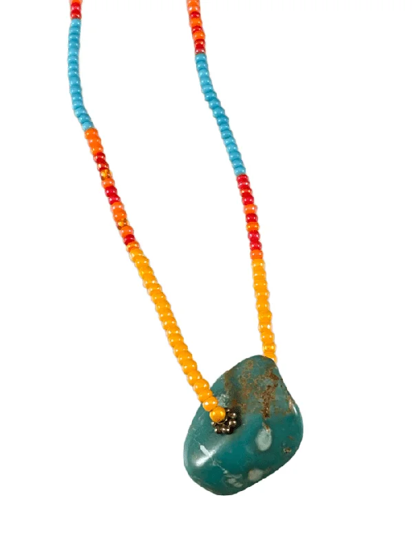 luxury necklaces for brides -18" Mixed Sunset Glass Bead Strand Turquoise Pendant Necklace