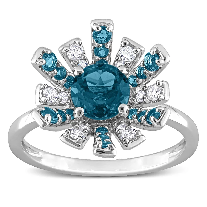 custom rings for women -Miadora London Blue Topaz and White Topaz Floral Cluster Ring in Sterling Silver