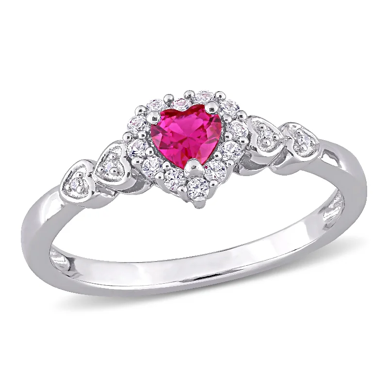 rose gold engagement rings -Miadora Sterling Silver Created Ruby and Created White Sapphire Diamond Accent Heart Halo Ring