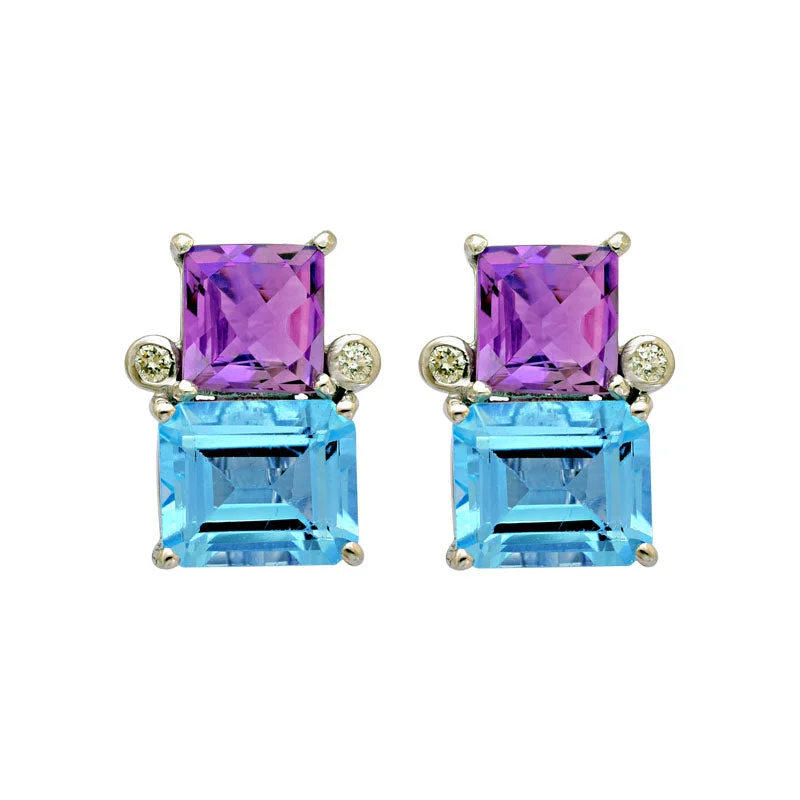 personalized earrings for women -Earrings-Blue Topaz, Amethyst and Diamond