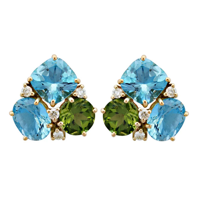 stud earrings for women -Earrings-Blue Topaz, Peridot and Diamond