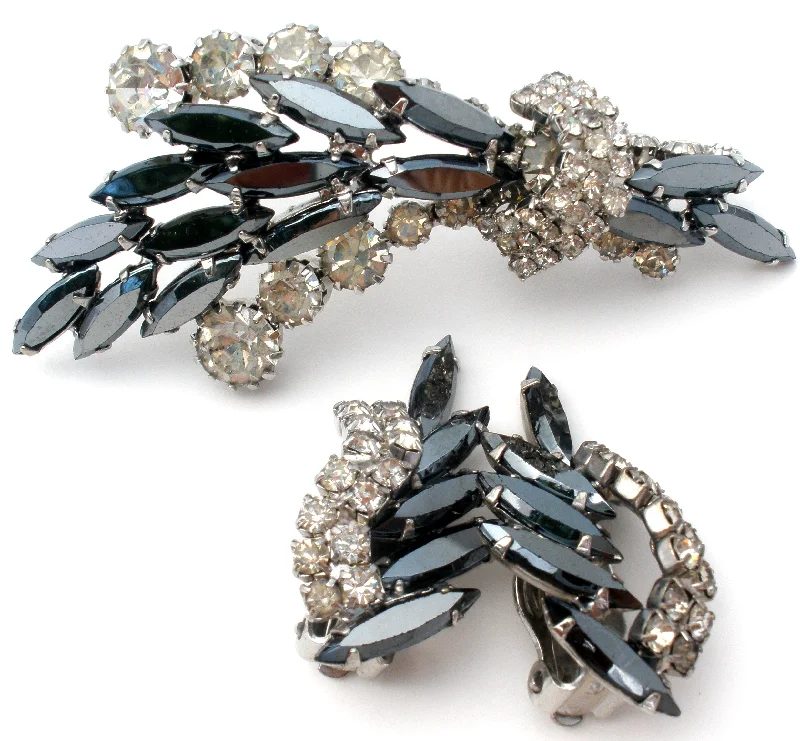 Gray & Clear Rhinestone Brooch Set Vintage