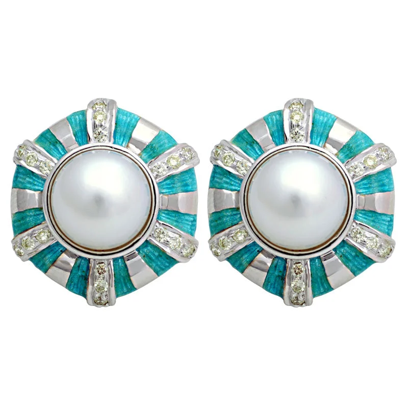 floral earrings for women -Earrings-South Sea Pearl and Diamond (Enamel)