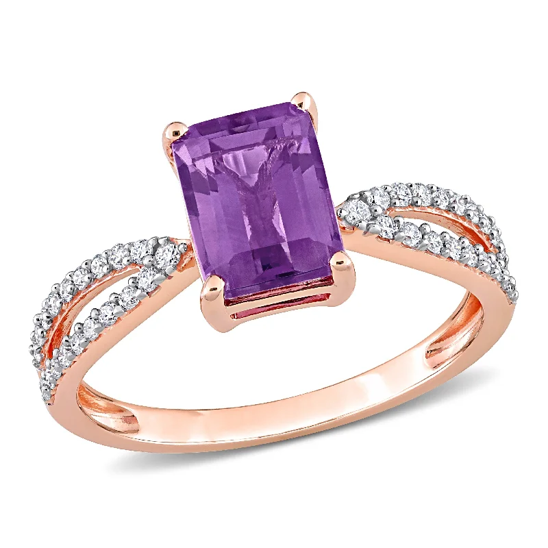 luxury rose gold rings -Miadora 1 1/3ct TGW Octagon Amethyst and 1/5ct TDW Diamond Crossover Ring in 14k Rose Gold