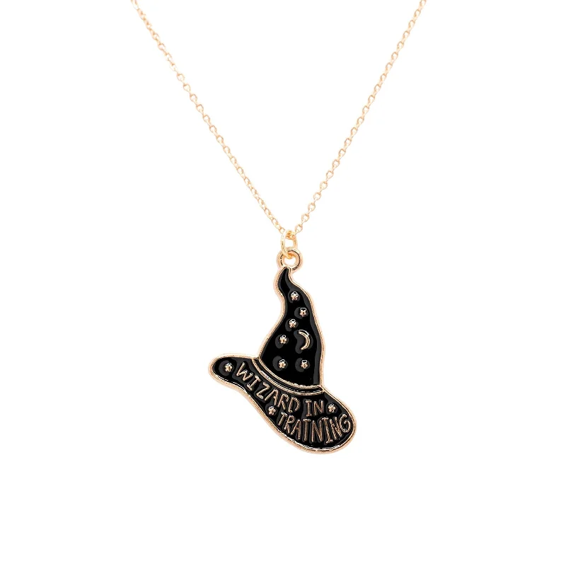 romantic necklaces for women -Wizard in Training Black Witch Hat Charm Necklace